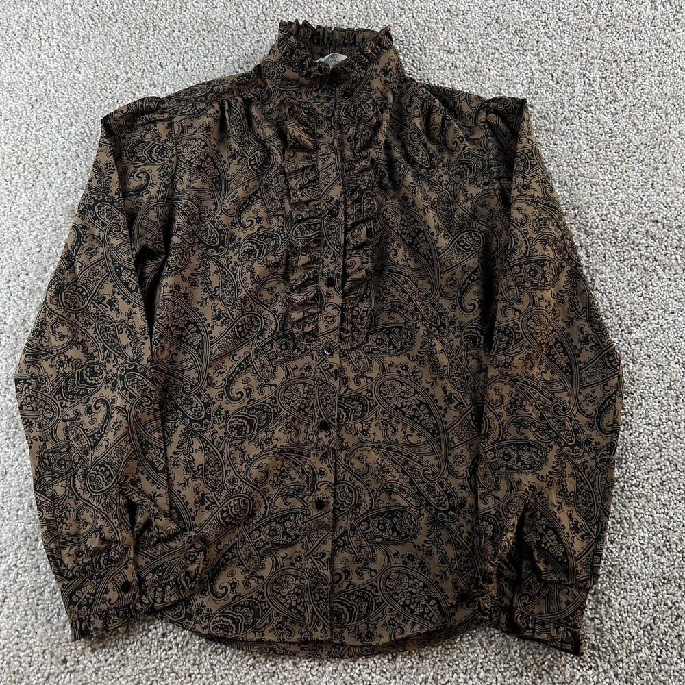 Vintage Shapely Blouse Womens 10 Brown Paisley Ruffle High Neck Long Sleeve Boho